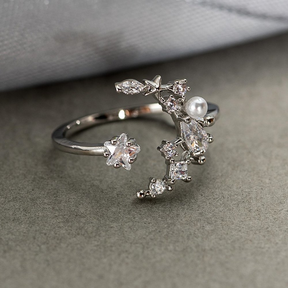 🎁 Shiny Star Moon Design Silver Rose Gold Plated CZ Ring for Women, HA4420